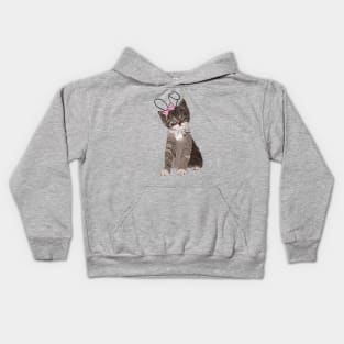 Cute hand drawn cat with easter bunny ear and pink ribbon Kids Hoodie